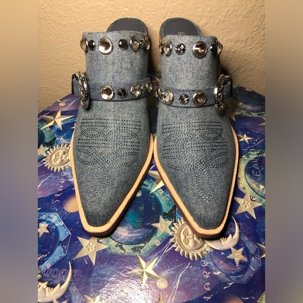 Embellished Denim Wedge Mules size 6.5 - Picture 4 of 15